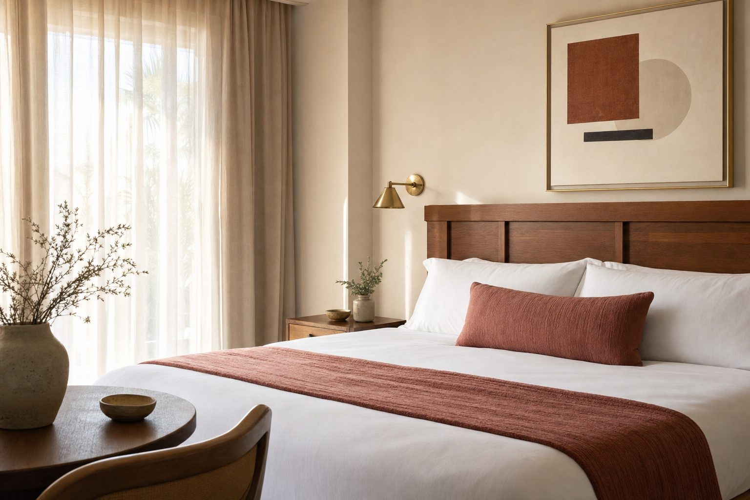 Serene boutique hotel guestroom with warm ivory walls and a dusty-rose accent