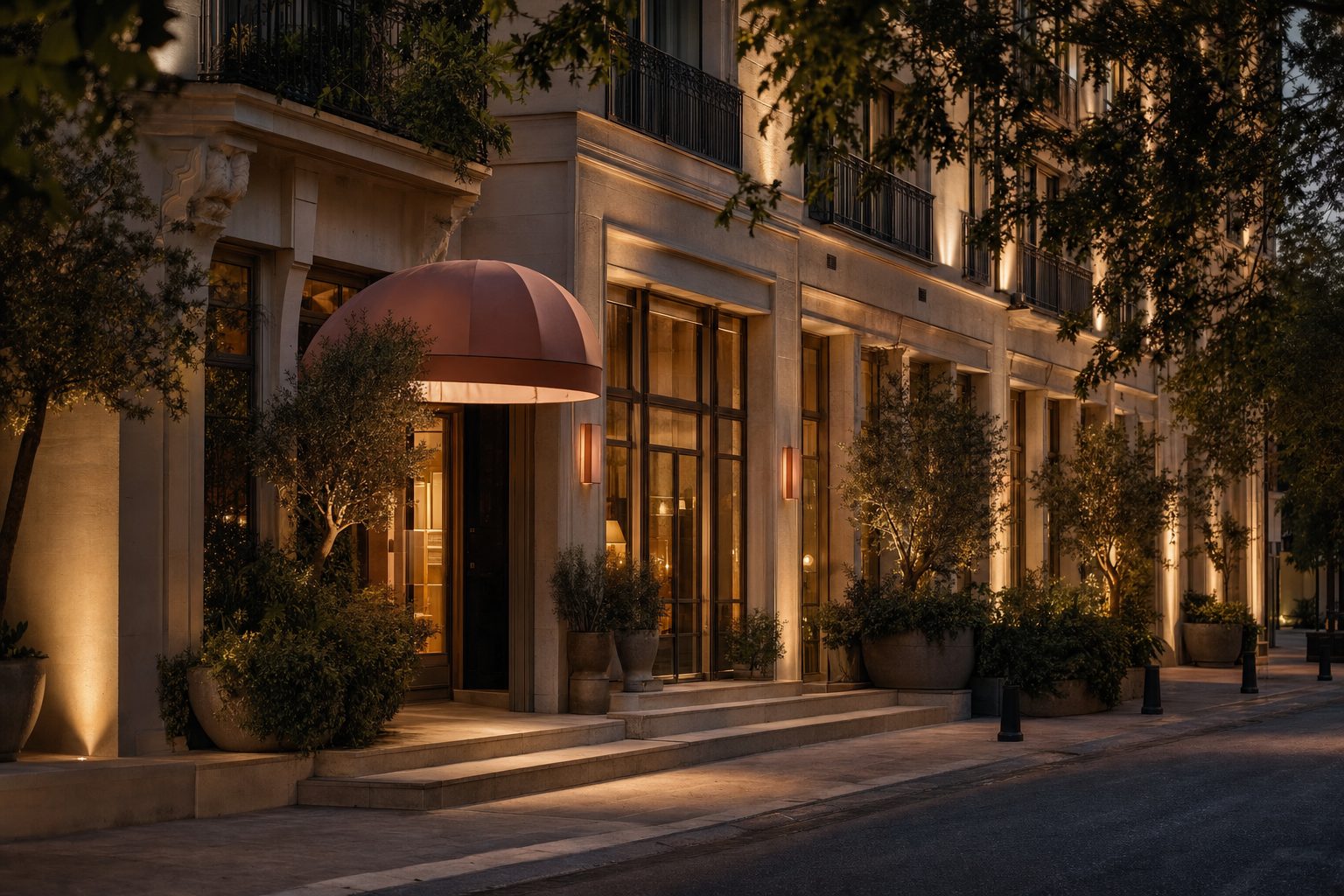 Boutique hotel exterior at dusk with warm lighting and a dusty-rose awning