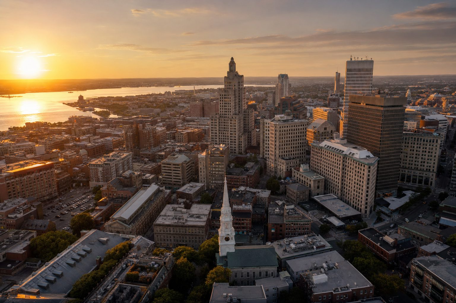 Aerial view of a gateway city skyline at golden hour